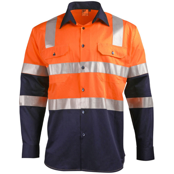 Hi-vis work shirt in fluorescent orange and navy with silver reflective tape across chest and sleeves, featuring chest pockets and button front