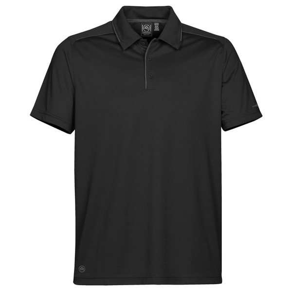 Black Stormtech men's sport polo with charcoal contrast piping, two-button placket, and smooth performance fabric chest panel