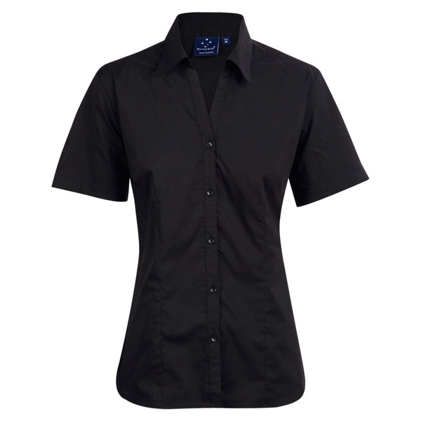 Black short sleeve women's business shirt with button-front closure and pointed collar