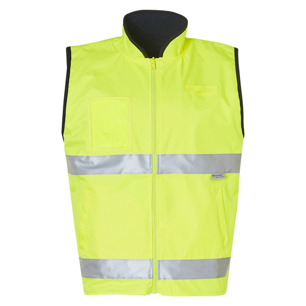 Hi-visibility yellow reversible vest with reflective tape and mandarin collar, black reverse side visible at neckline