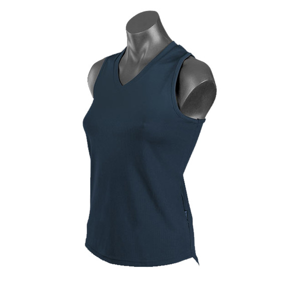 Navy blue sleeveless v-neck athletic singlet with contrast shoulder panels on mannequin