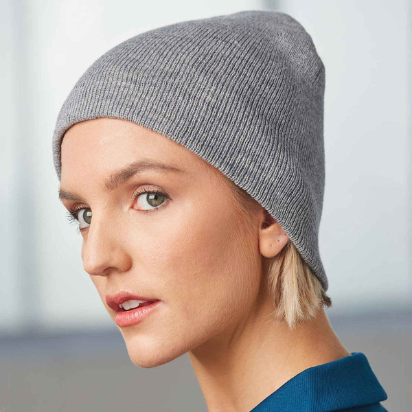 Grey marled knit beanie with double layer slouch fit and ribbed construction