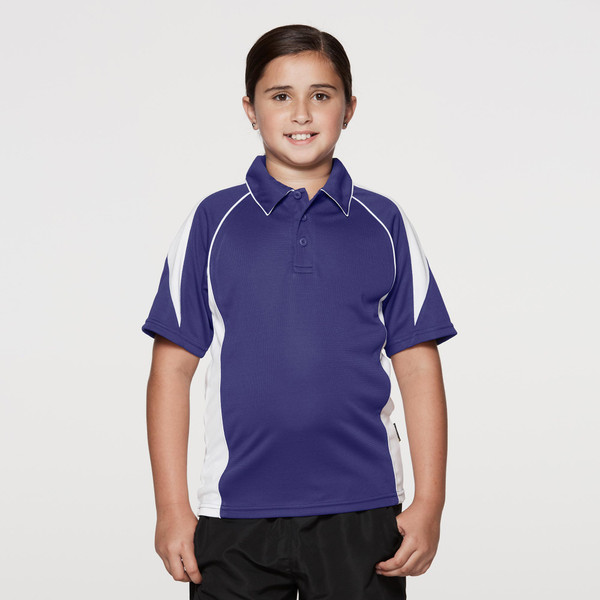 Child wearing purple and white sport polo with contrast side panels, piping detail, and three-button placket