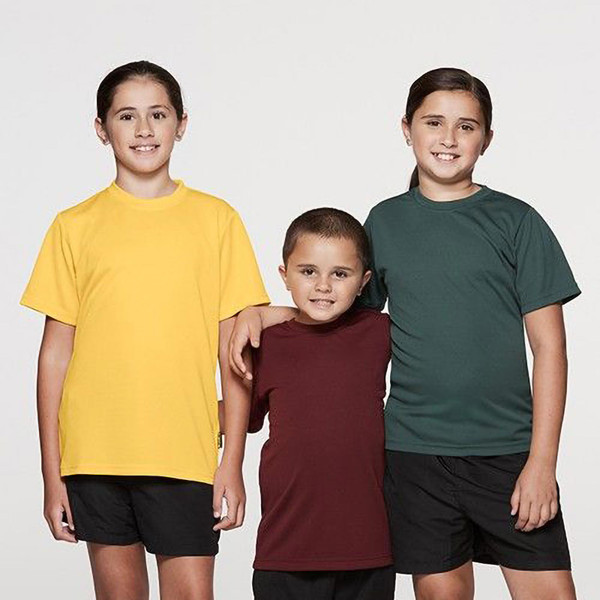 Kids wearing mini waffle knit poly tees in golden yellow, maroon, and forest green with crew necklines