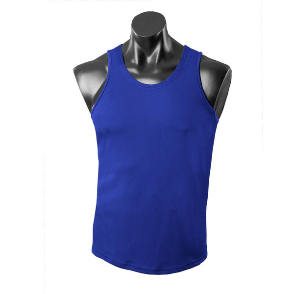 Royal blue sleeveless singlet with mini waffle knit texture and curved hem on mannequin