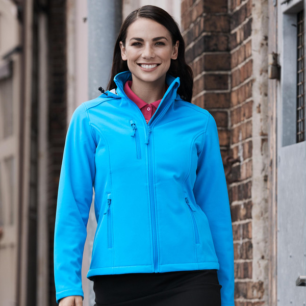 Azure blue water repellent softshell jacket with hood, zip front, dual side pockets and red collar detail