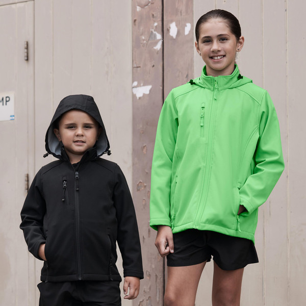 Kids wearing water repellent softshell jackets in black and lime green with hoods and zippered front closures