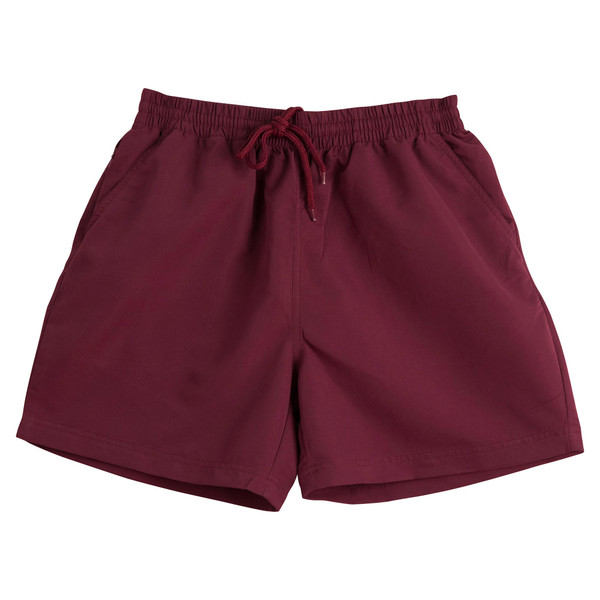 Maroon March Kids Microfibre Water Repellent Sports Shorts, a quick-dry athletic short ideal for school sports, swimming, or general active uniform wear.