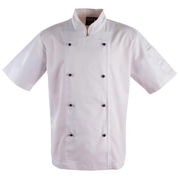 White short sleeve chef jacket with mandarin collar and black stud buttons in double-breasted style