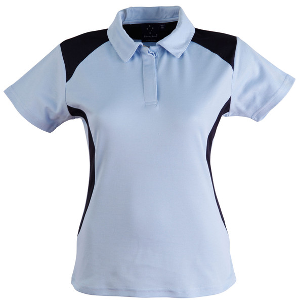 Sky+Navy Plain Secret women's short-sleeve TrueDry polo shirt with contrast panels, made from moisture-wicking and anti-bacterial mesh fabric, ideal for women's sports and corporate uniforms.