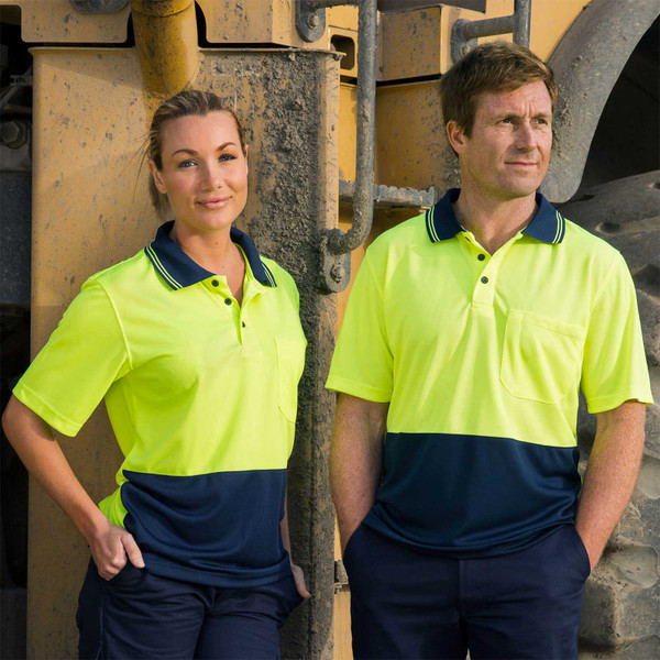 Hi-vis yellow and navy polo shirts with contrast collar, moisture-wicking mesh fabric for workplace safety