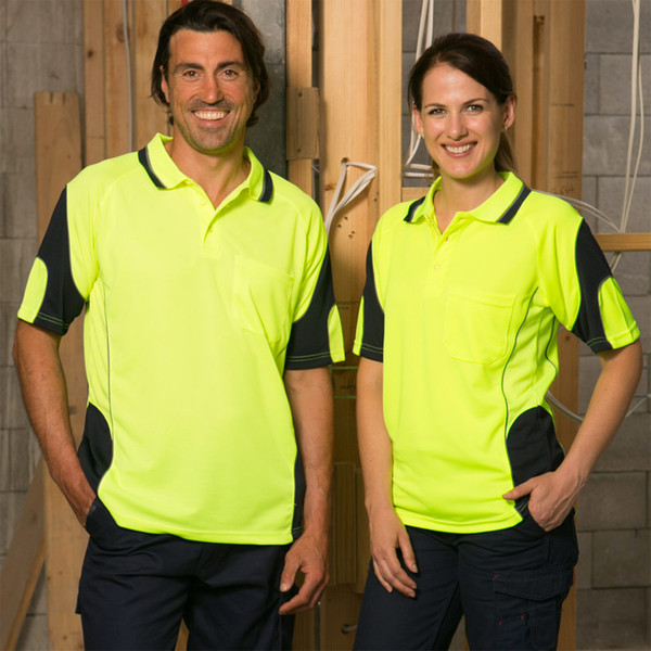 Hi-vis yellow polo shirts with navy contrast panels on collar and sleeves in mini waffle knit fabric