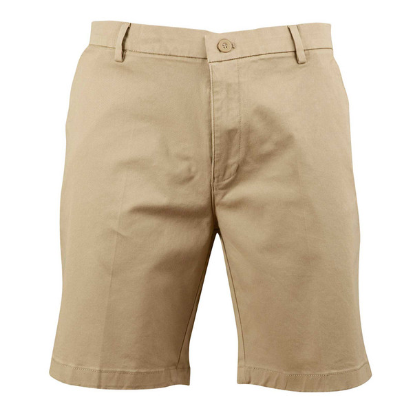 Sand beige stretch chino shorts with button waist closure and rolled hems on white background
