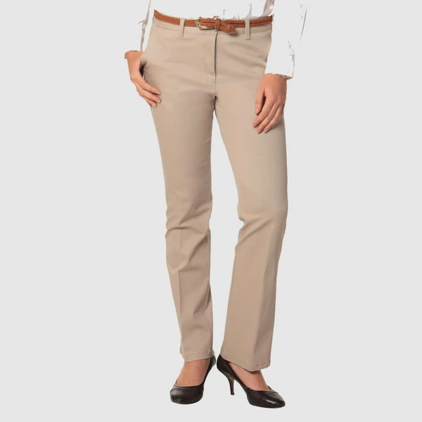 Stone beige women's straight leg chino pants with flat front panel and crisp tailored finish