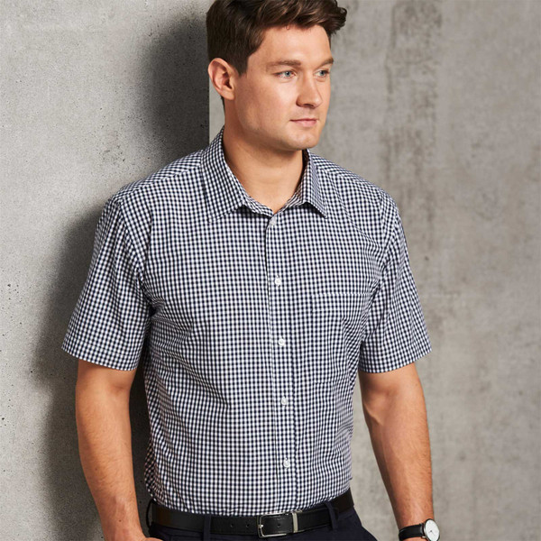 Navy and white gingham check short sleeve shirt with button-down collar and chest pocket