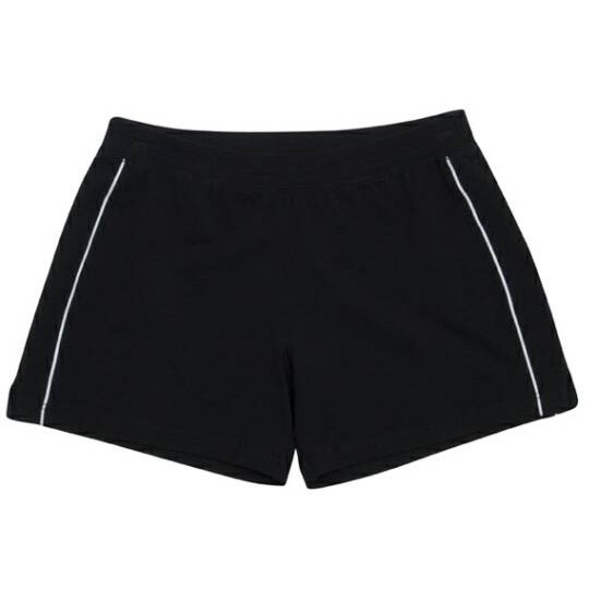 Black athletic shorts with white contrast piping detail along side seams and elasticated waistband