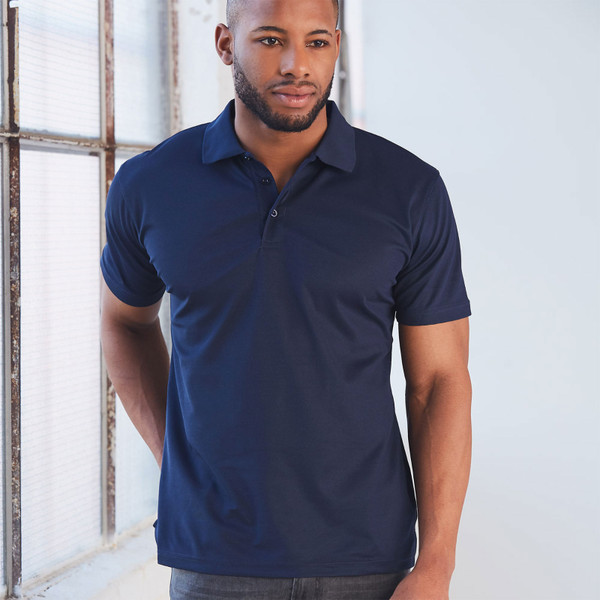 Navy blue short sleeve polo shirt with collar and three-button placket in CoolDry fabric