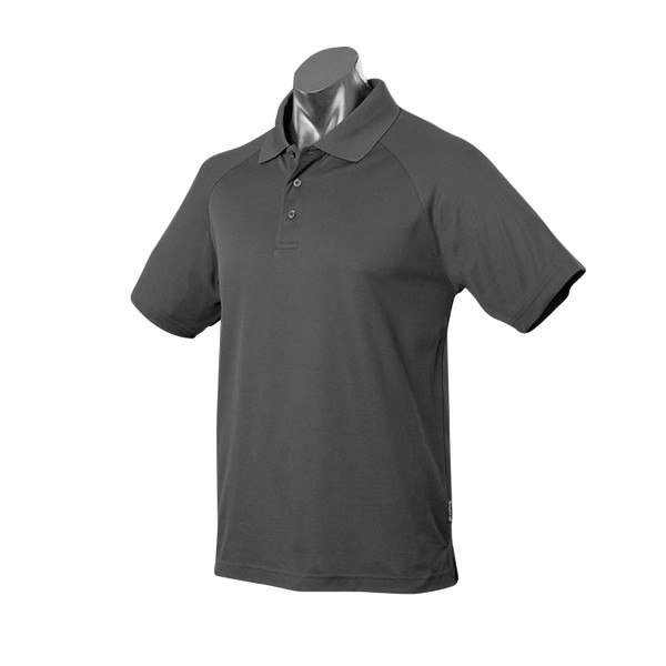Charcoal grey polo shirt with short sleeves and three-button placket on mannequin