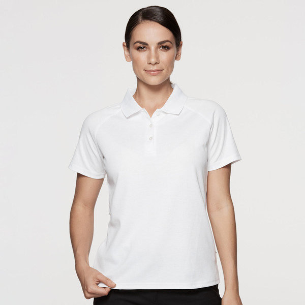 White ladies polo shirt with short sleeves and classic collar featuring smooth pique knit fabric