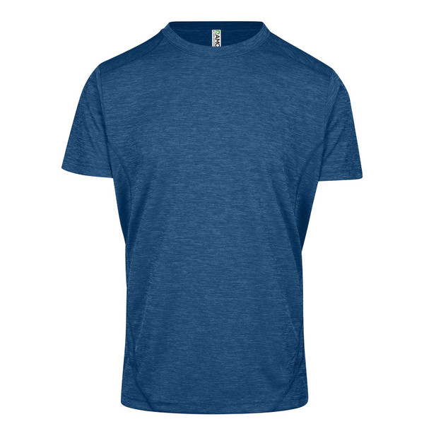 Heathered navy blue short sleeve performance tee with contrast stitching detail and crew neck