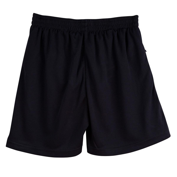 Black mesh athletic shorts with elasticated waistband laid flat on white background