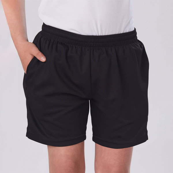 Black athletic shorts with elastic waistband and side pockets, moisture-wicking mesh fabric