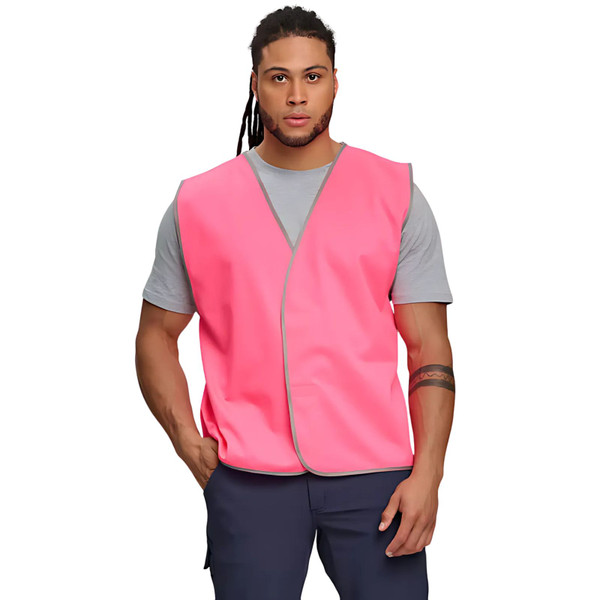 Fluorescent pink high visibility safety vest worn over grey shirt showing front zip closure and V-neck design