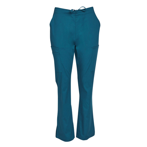 Teal flare leg scrub pants with drawstring waist and cargo pocket