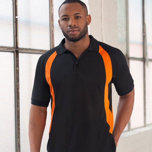 Man wearing black CoolDry mesh polo with vivid orange contrast side panels and three-button placket