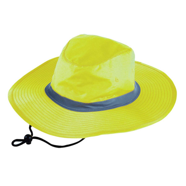 Hi-vis yellow wide-brim safety hat with mesh crown panel and reflective band detail