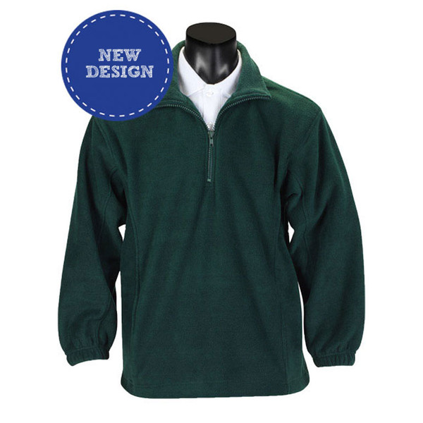 Bottle green polar fleece half-zip pullover with stand collar on mannequin
