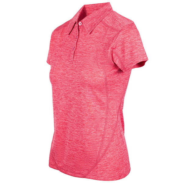 Coral pink marle ladies polo shirt with short sleeves and contrast stitching detail on shoulder