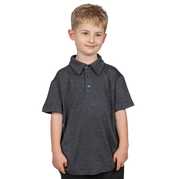 Charcoal marl polo shirt with contrast stitching detail and button placket on youth model