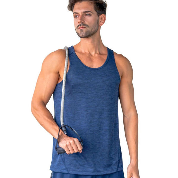Heathered royal blue CoolDry singlet with contrast stitching detail on relaxed fit tank