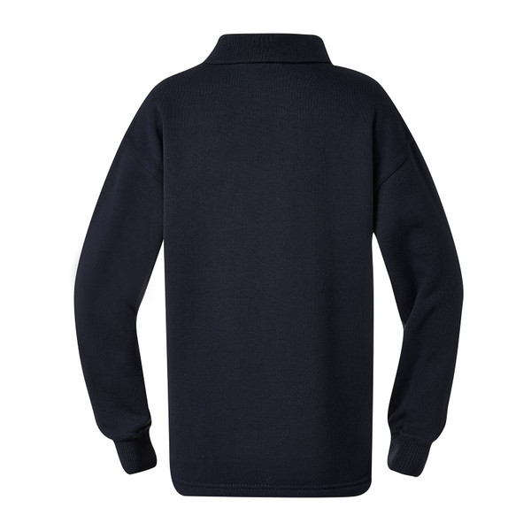 Navy fleece polo sweater with collar and ribbed cuffs shown from back