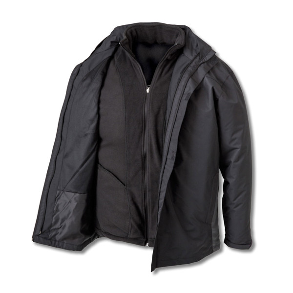 Charcoal grey waterproof jacket with removable inner vest and hood, both layers unzipped to show 3-in-1 system