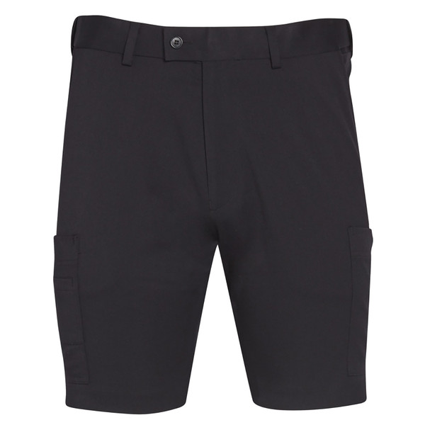 Charcoal cargo shorts with side pockets, flat front panel and button waist closure