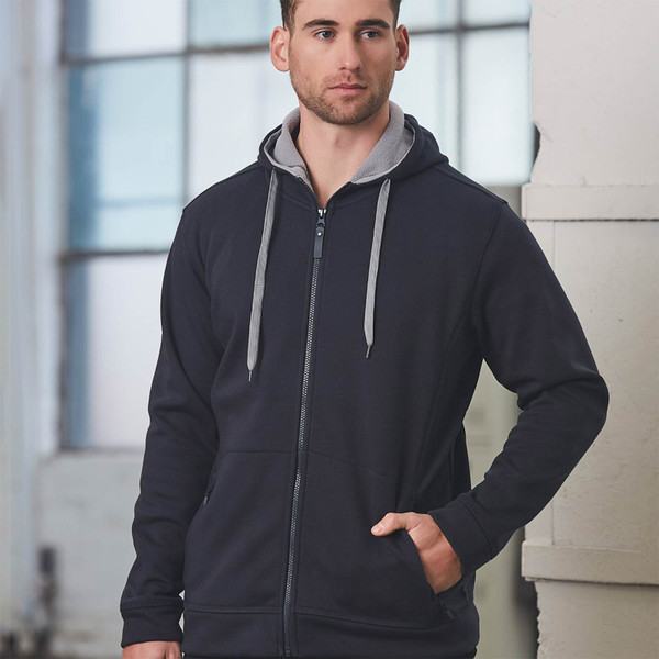 Navy fleece zip-up hoodie jacket with contrast grey hood lining and drawcords
