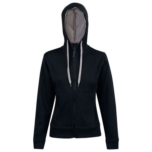 Black fleece hoodie with grey contrast hood lining and white internal drawcords, full-zip front closure