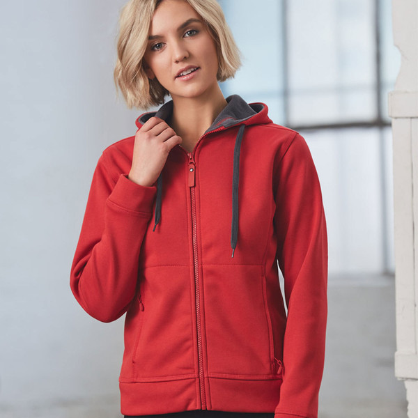 Red fleece hoodie jacket with full front zipper and contrasting charcoal hood lining and drawcords
