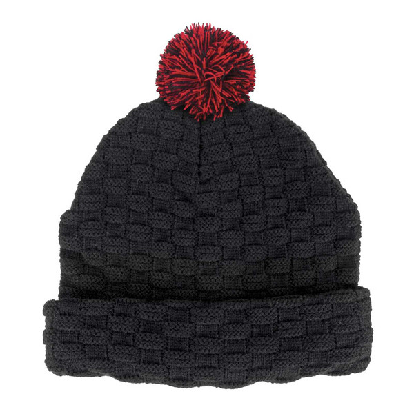 Black basket weave knit beanie with red and black contrast pom pom and folded cuff