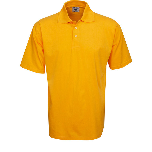 Golden yellow polo shirt with collar and three-button placket in plain cotton jersey