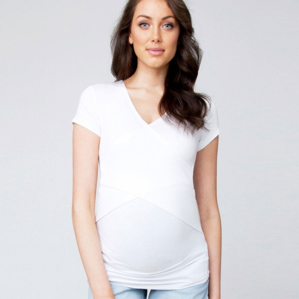 White v-neck maternity t-shirt with ruched side panels and cap sleeves