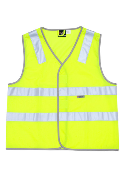 Fluoro yellow safety vest with horizontal and shoulder 3M reflective panels and V-neckline
