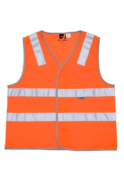 Fluoro orange safety vest with silver 3M reflective tape across chest and shoulders on white background