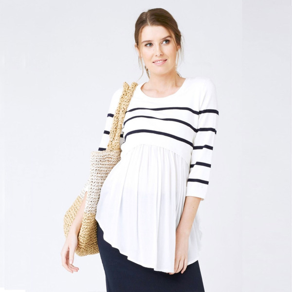 White babydoll nursing knit with black horizontal stripes across bodice and three-quarter sleeves