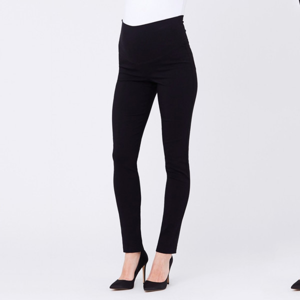 Model wearing black slim straight maternity pants with wide stretch waistband and tailored leg