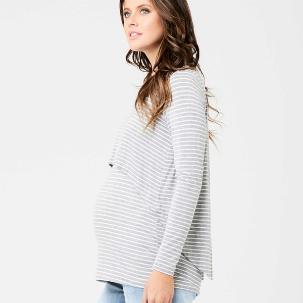 Pregnant model wearing silver marle striped long sleeve nursing top with relaxed swing back silhouette