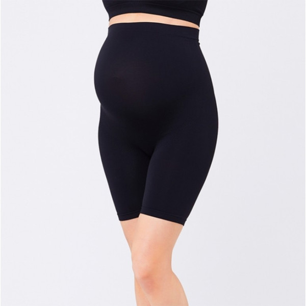 Black maternity support shorts with high waistband and mid-thigh length in seamless construction