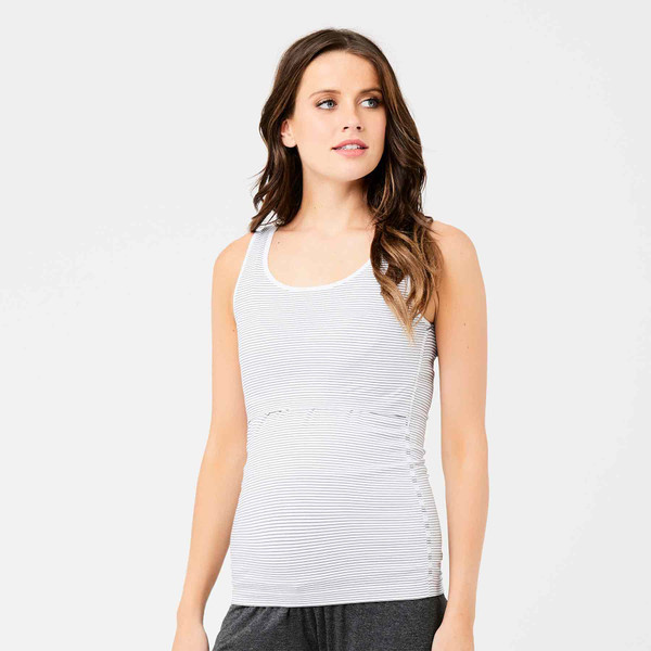 Grey and white striped seamless nursing tank with scoop neckline and racer back detail